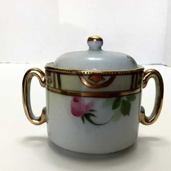 Vintage Antique Nippon Sugar Bowl Hand Painted Pink Roses Green - Picture 2 of 6